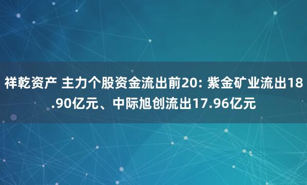祥乾资产 主力个股资金流出前20: 紫金矿业流出18.90亿元、中际旭创流出17.96亿元